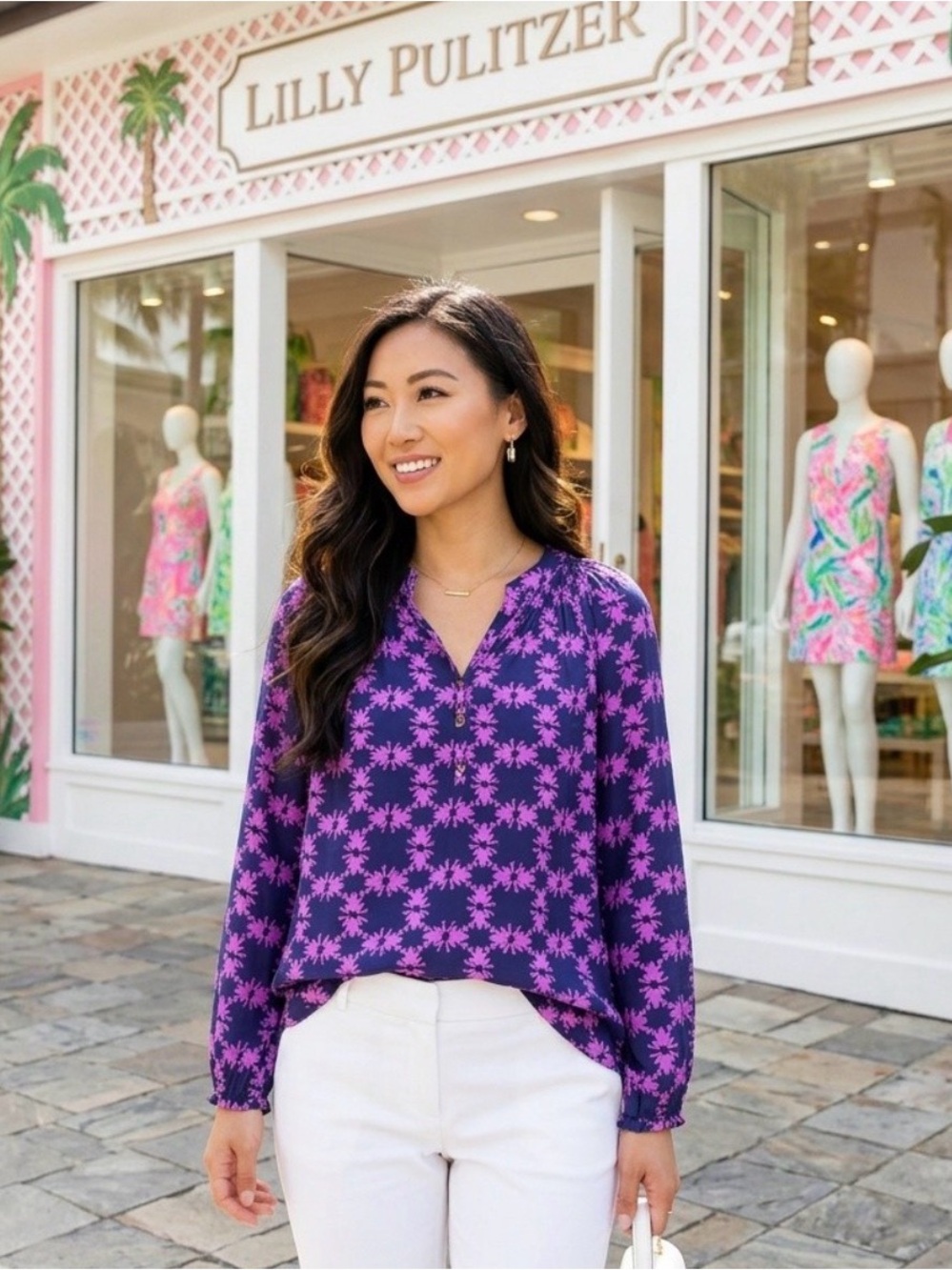 Lilly Pulitzer Navy and Pink Floral Print Long-Sleeve Top